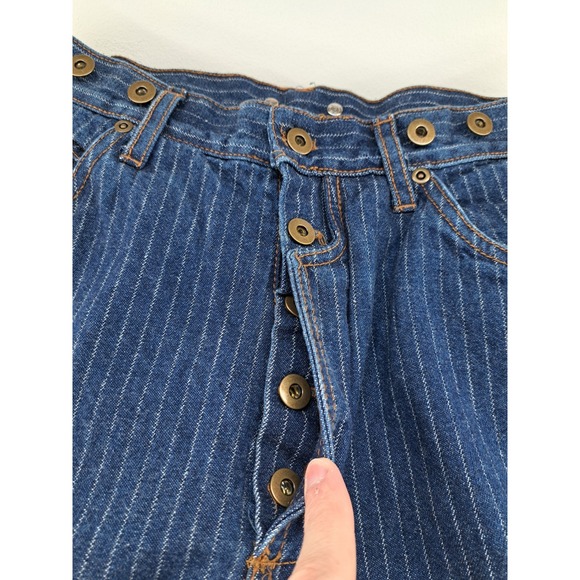 Vtg Suspender Button Jeans Women 9 Fits 4 27.5x29in Blue Pinstripe Retro Baggy - Picture 2 of 8